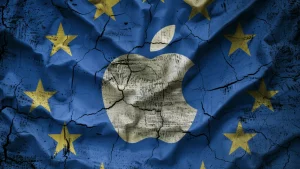 iPhone avec logo Apple devant un drapeau européen